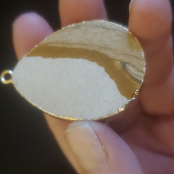 New Gold Wrapped Slice Picture Jasper Teardrop Pendant. - Picture 5 of 9